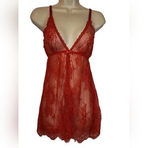 Elegant Red Lace Babydoll Lingerie Floral Sheer Y2k Top Split Front